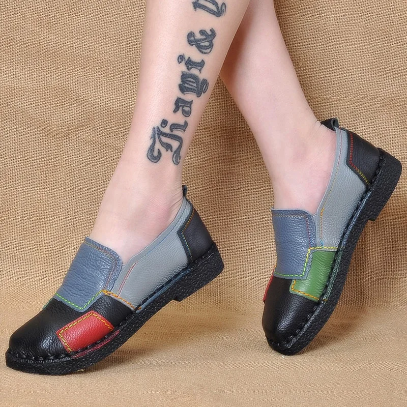 

2018 Summer Vintage Handmade Flats Female Genuine Leather Women Shoes Slip On With Flat Soft Bottom Non-Slip Loafers Woman