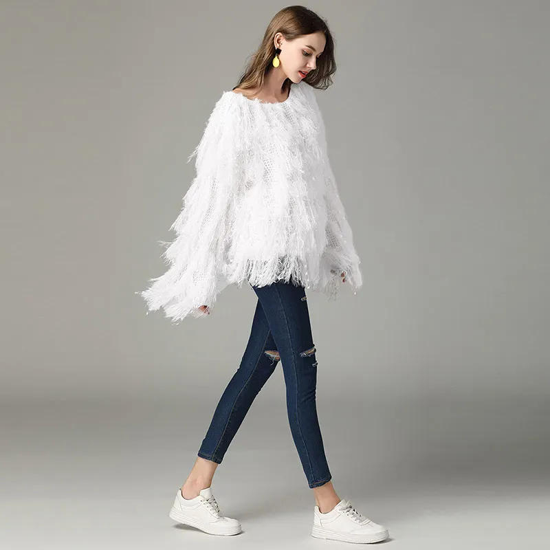 Willstage Winter Pink Sweater Women Feather Long Sleeve Tassel Pullovers Elegant O neck Knitted Tops 2019 Autumn Clothes Female | Женская