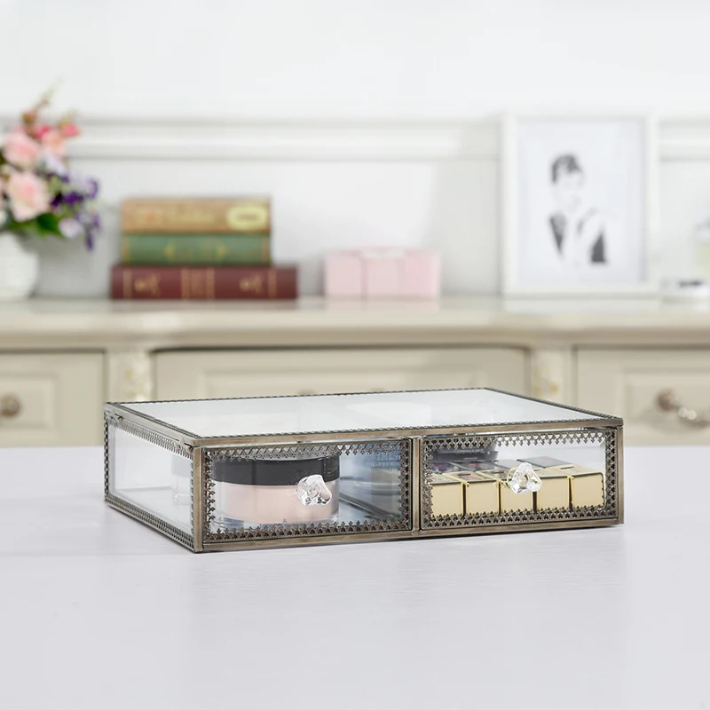 AF Retro Makeup Cotton Stroage Case Multifunctional Bronze Lace Dustproof Transparent Glass Cosmetic Box C218-5 | Дом и сад
