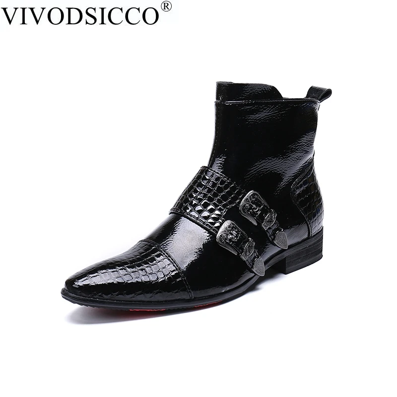 

VIVODSICCO British Style Men Chelsea Boots Fashion Double Buckles Crocodile Men's Boots Male Shoes Keep warm Ankle Boots