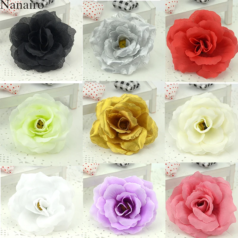 

10pcs Gold Silver Glitter Artificial Silk Flower Heads For Wedding Decoration Scrapbooking DIY Hand Carft Car Fake Large Flowers