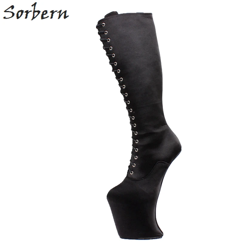 Sorbern черный Heelless копыта сапоги для женщин Искусство представление шоу Сапоги Высота платформы по колено леди Gaga крест платье обувь унисекс - Цвет: Black Satin