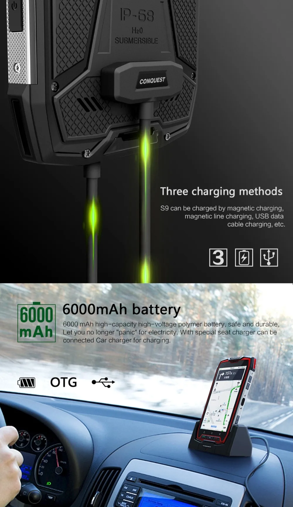 Conquest S9 Android 7,1 MTK6757 Восьмиядерный 6 ГБ+ 128 Гб Смартфон 6000 мАч IP68 Водонепроницаемый отпечаток пальца ID 5,5 дюймов NFC OTG Мобильный телефон