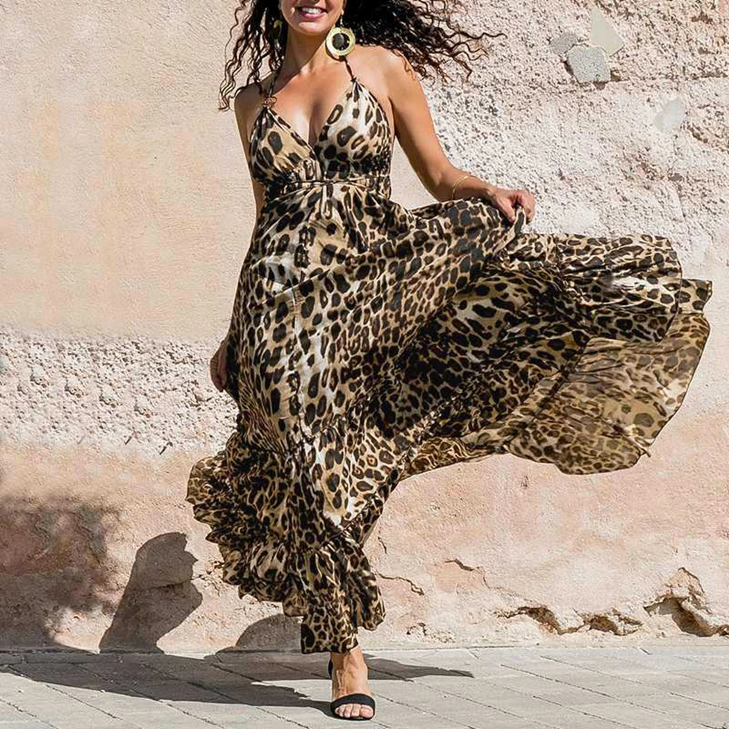 Sexy Leopard Backless Halter Dress Women New Party Club V-Neck Dresses Summer Spaghetti Strap Sleeveless Ruffle Long | Женская одежда