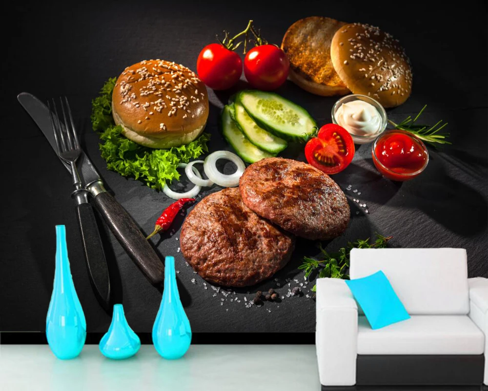 Обои 3d с ножом булочками мясом овощами едой магазином фаст фуда гостиной диваном
