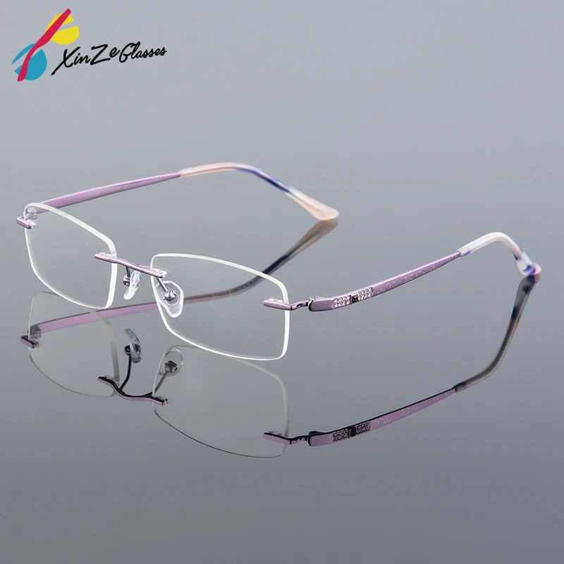 2017 XINZE New Pure Titanium Fashionable Lady Eye Glasses Diamonds Rimless Spectacle Frames Women myopia Hyperopia 628 | Аксессуары для
