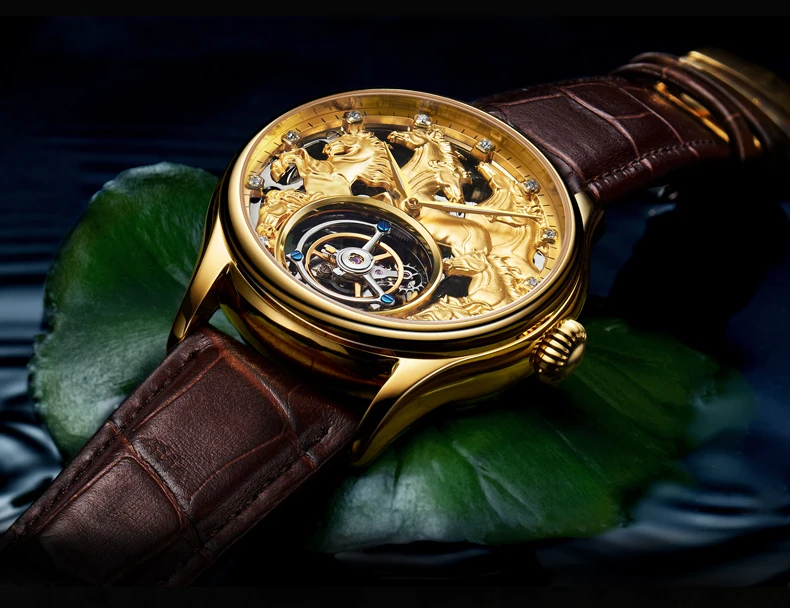 Tourbillon механические часы мужские Лидирующий бренд часы сапфировые зеркальные оригинальные ручные обмотки полый ход Мужские t Horse часы 24K позолоченные