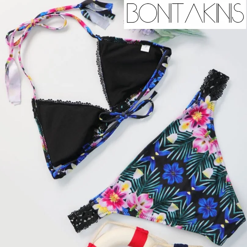 2018 Sexy Lace Swimsuits Printed Bikinis Set Bathing Suits Summer Beachwear Women Maillot De Bain Halter Bandage Swimwear |