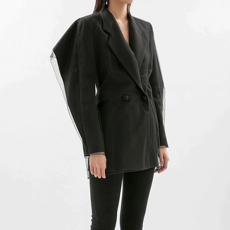 TWOTWINSTYLE сетчатый Плетеный Блейзер женские кружевные буфы на рукавах двубортная