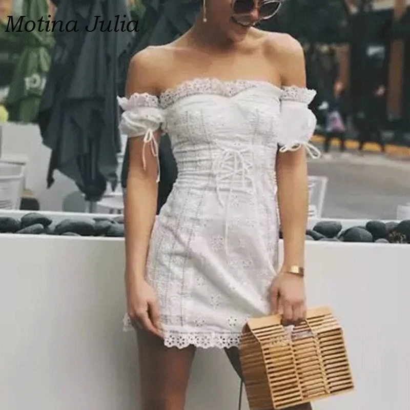 Motina Julia 2019 летнее кружевное вязаное платье для женщин с открытыми плечами
