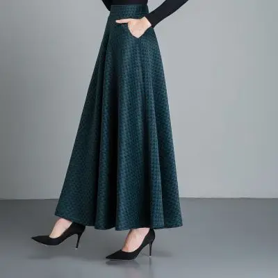 Зеленый Зима, Ретро стиль, Ретро стиль, повседневные, размера плюс, 6XL, 5XL, XXXXXL, шерстяные, кашемировые, волнистые, клетчатые, женские, макси, длинные юбки для женщин - Цвет: Зеленый