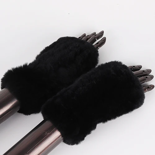 BLACK Новые женские настоящие вязаные варежки из меха кролика рекс зимние теплые женские меховые без пальцев перчатки ручной работы вязаные меховые варежки - Цвет: BLACK