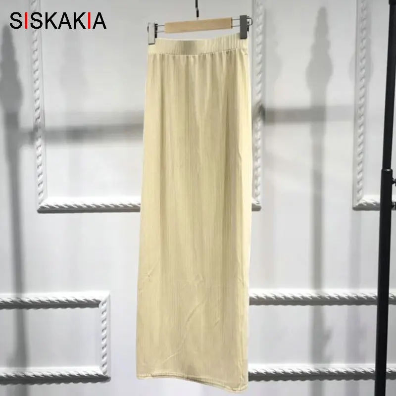 Beige skirt Siskakia Лето Женская юбка длиной до щиколотки, однотонная длинная облегающая юбка карандаш, оранжевая, розовая, зеленая короткая модная эластичная трикотажная юбка - Цвет: Beige skirt