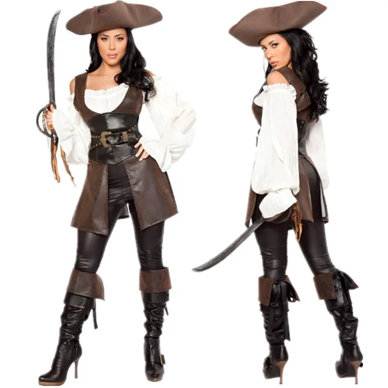 Пиратские костюмы для женщин пиратский косплей лакированная кожа винтажный Топ