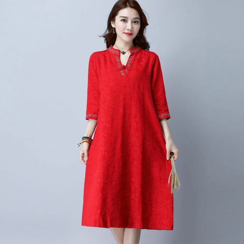 Женское винтажное жаккардовое платье повседневное свободное хлопково льняное