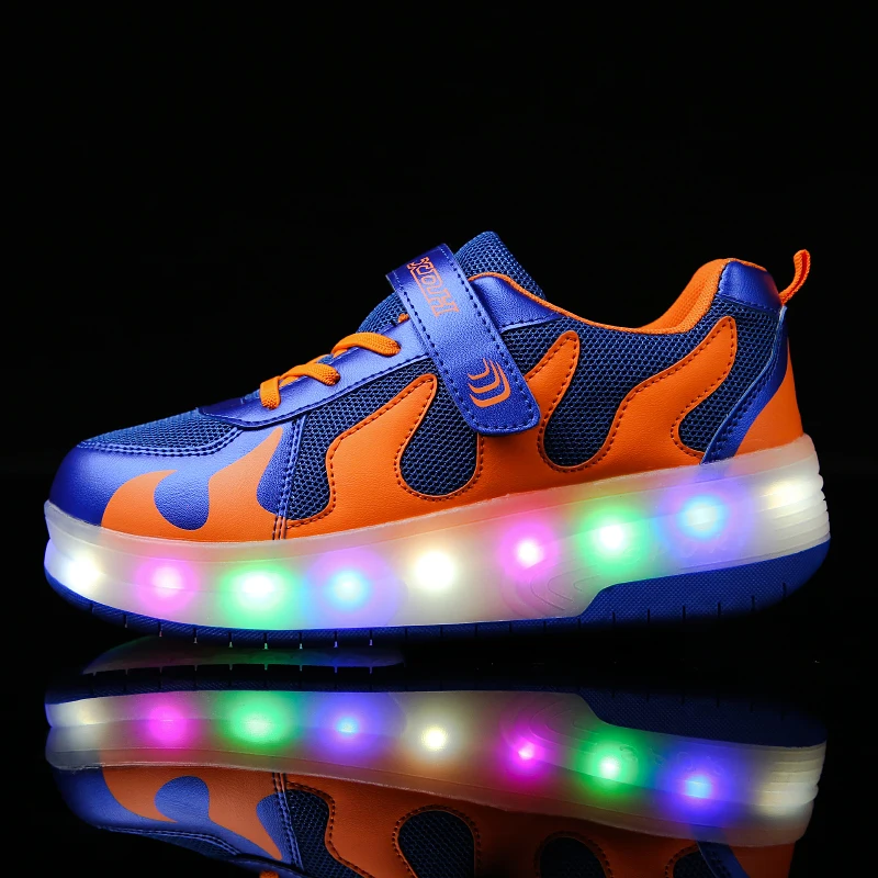 Светящиеся кроссовки с двумя колесами унисекс двойные синие черные светодиодная