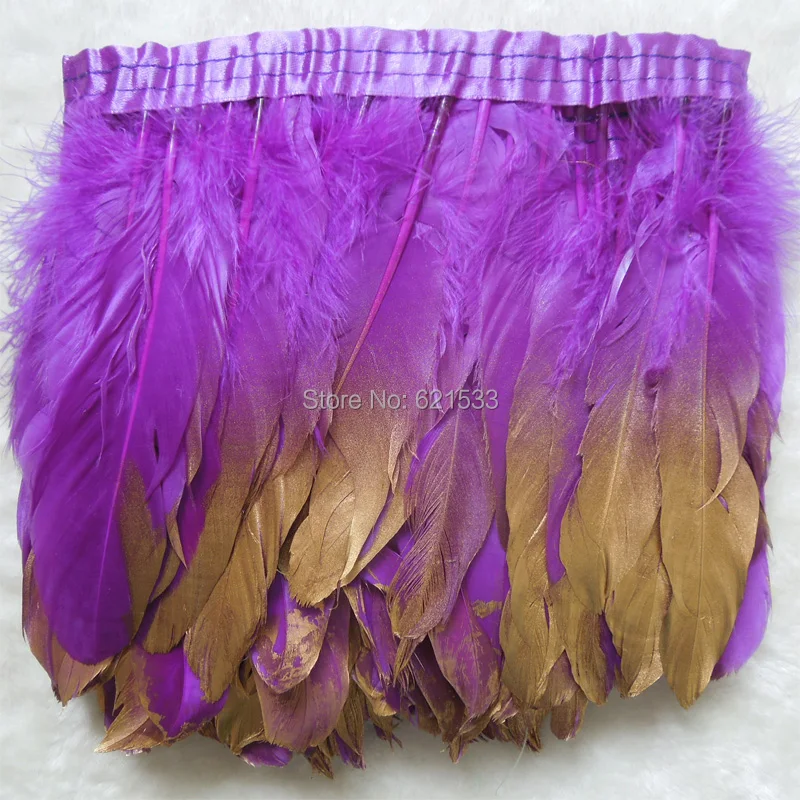 

Dipped Gold Dyed Purple Real Goose Feather Fringe Trims Height 5-6" Feathers Ribbon For Skirt Carnival Clothing Decoration,2Yard