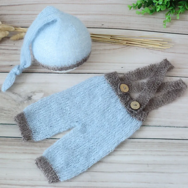 

Blue Baby Boy Hat Romper Set Knit Newborn Sleeper Hat Vintage Newborn Photography Outfit Crochet Infant Knot Bonnet Set Props