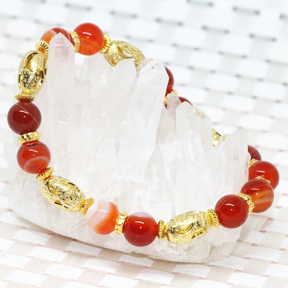 Factory outlet gold-color beads natural red veins agat carnelian onyx bracelet round stone 8mm elegant jewelry 7.5inchB2090 | Украшения и