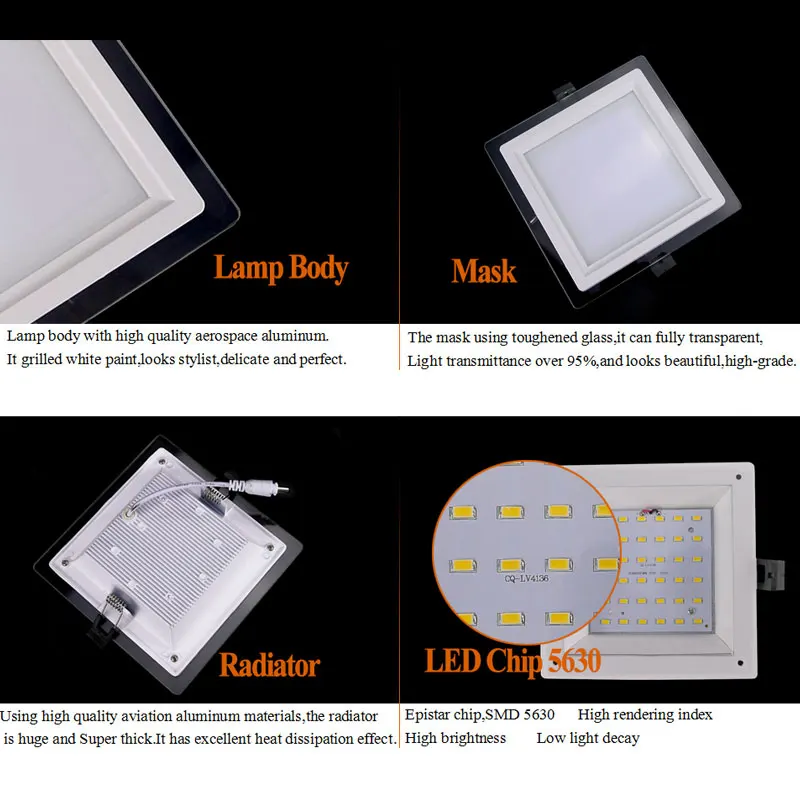 Panel LED regulable para empotrar en el techo, luces cuadradas de cristal superbrillantes, SMD 5360, Bombilla de foco LED AC110V, 220V