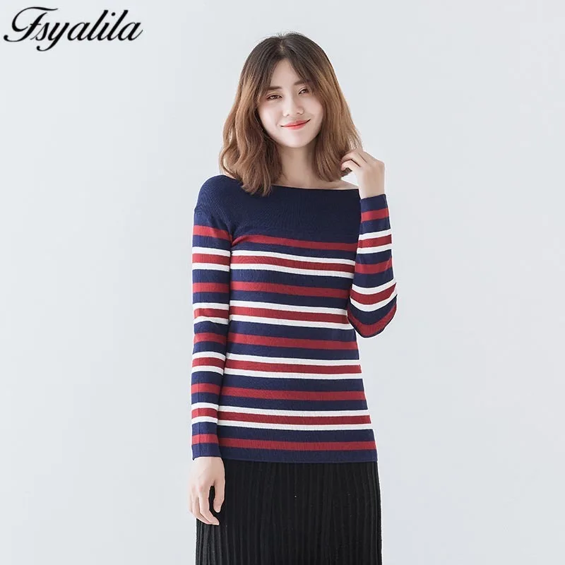 Свитер с открытыми плечами в полоску хит цвет пуловеры для женщин облегающий