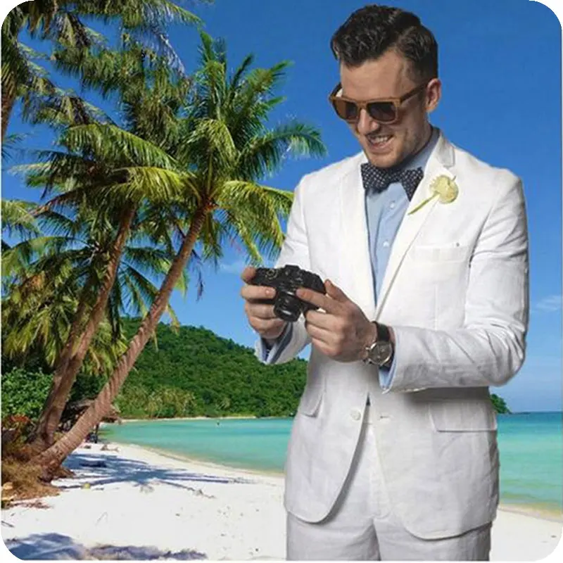 Белые льняные мужские костюмы пляжные свадебные смокинги для жениха 2 предмета