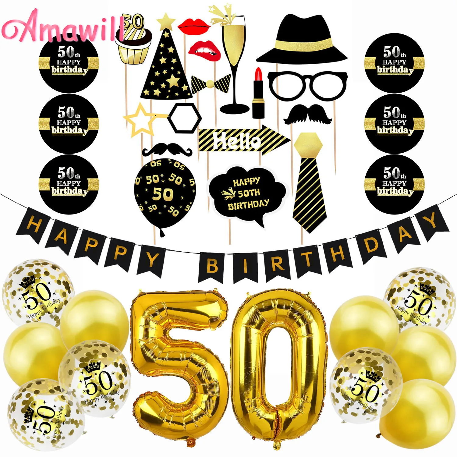 Amawill золотые шары с цифрой 50 лет вечерние принадлежности черный баннер на день