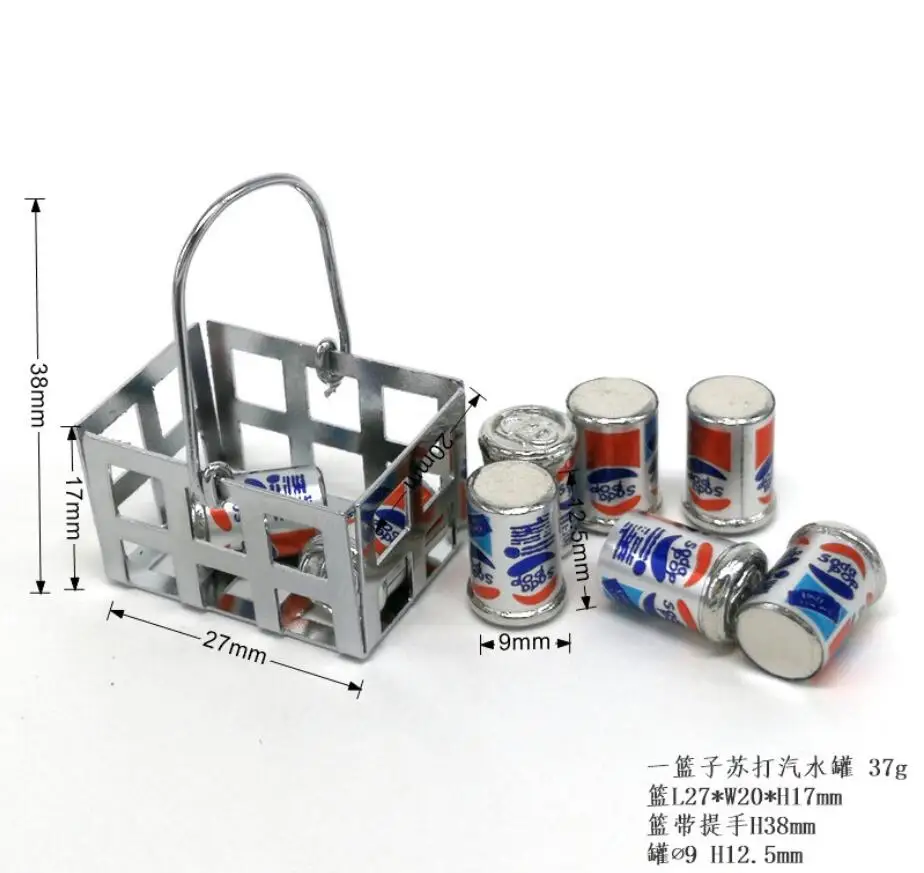 

Dollhouse miniature toy a basket of cans beverage