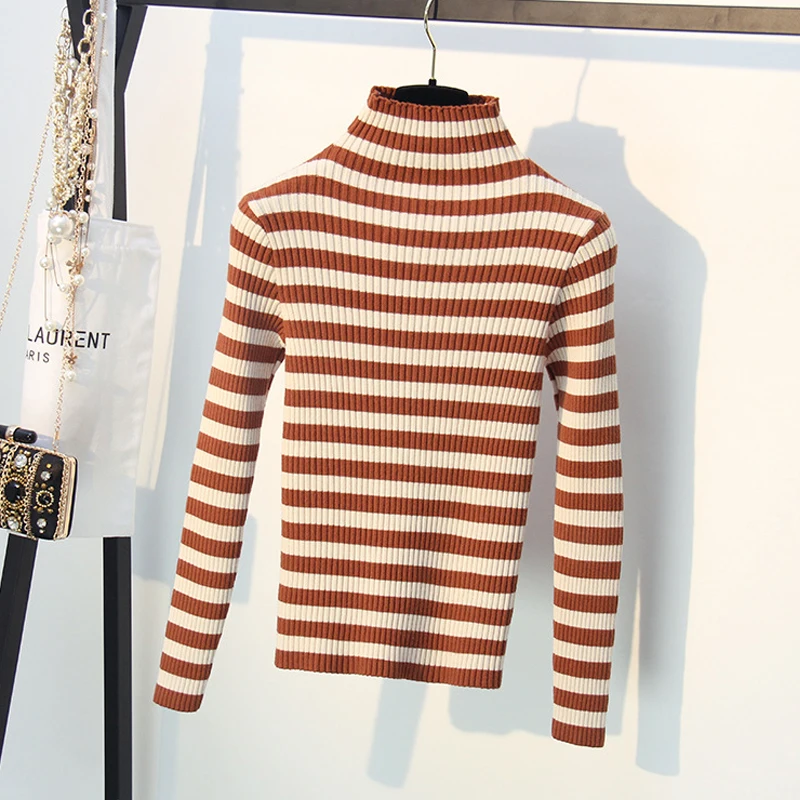 Autumn Winter Turtleneck striped Sweater Women Knit Casual Pullovers Long Sleeve high Elasticity female Cashmere sweater basic | Женская