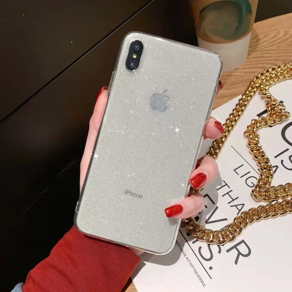 Super Slim Flexible Glitter Cover for iPhone 11 Pro XS Max XR Transparent Soft Silicon Capa Fundas 8 7 6 plus Hoesjes | Мобильные