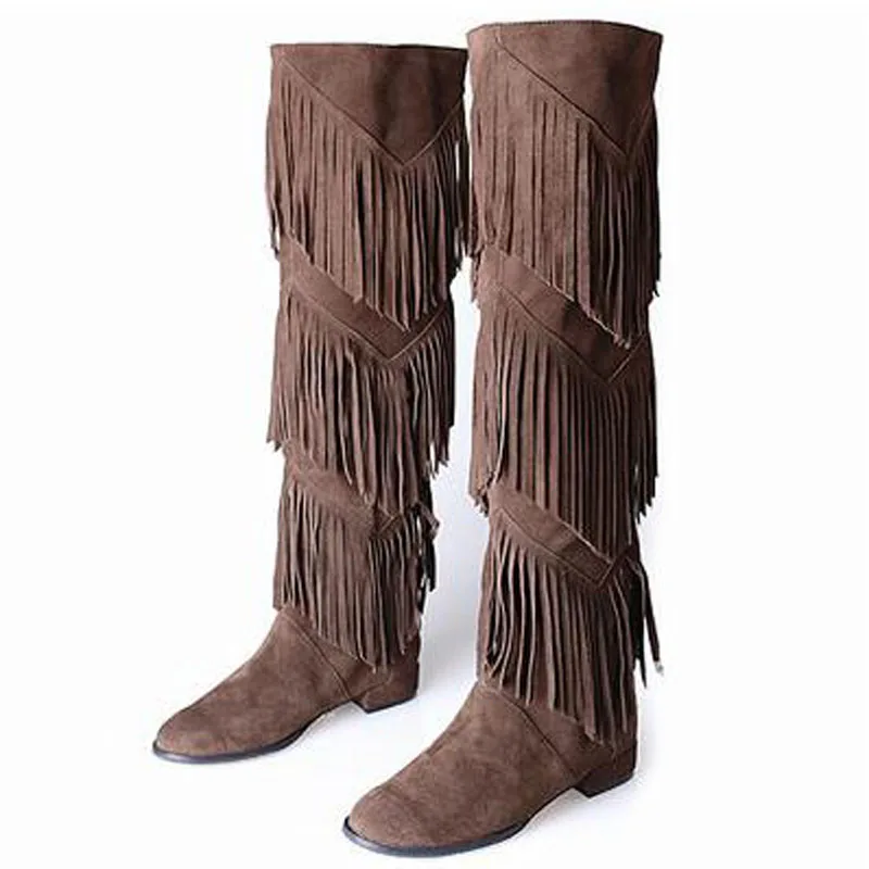 Unique Bohemia Nubuck Genuine Leather Fringe Thigh High Boots Over The Knee Motorcycle Native Shoes Woman Winter Botas 2015 | Обувь