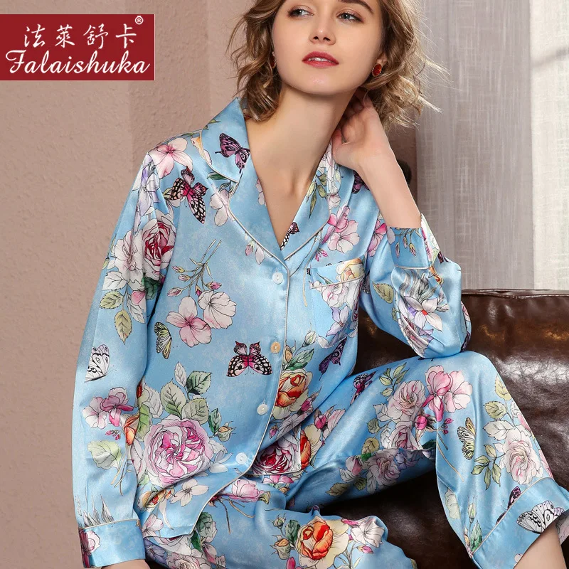 19 momme Fresh butterfly 100% genuine silk pajamas sets women pyjamas long sleeve female Sexy Floral mulberry silk sleepwear