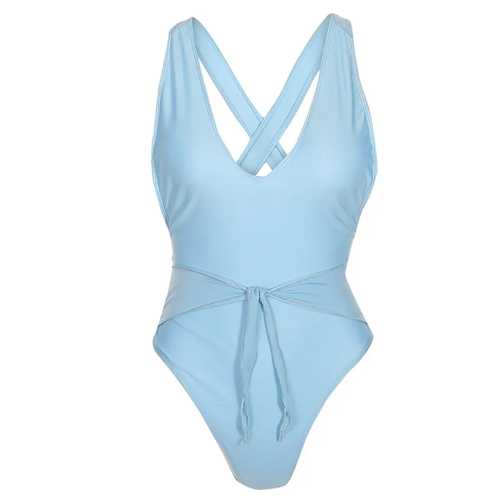 Сексуальный женский цельный купальник пуш ап бикини с v образным вырезом синий