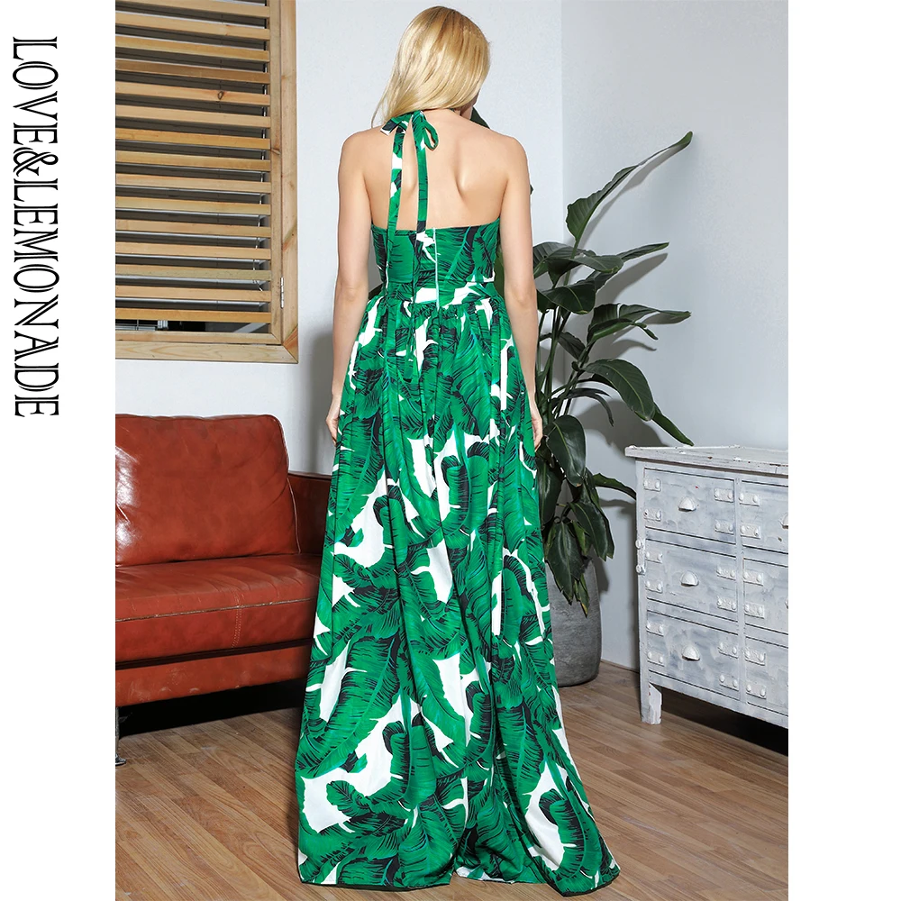 

LOVE&LEMONADE Sexy Cut Out Cross Straps Open White Big Leaves Print Beach Summer Maxi Dress LM81811-1