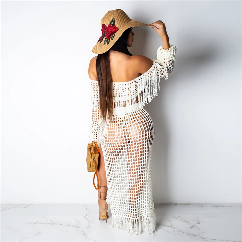 PinePear ажурные кисточкой See Through укороченный топ с длинными рукавами+ юбка макси комплект из 2 предметов женский купальник, пляжная одежда дропшиппинг