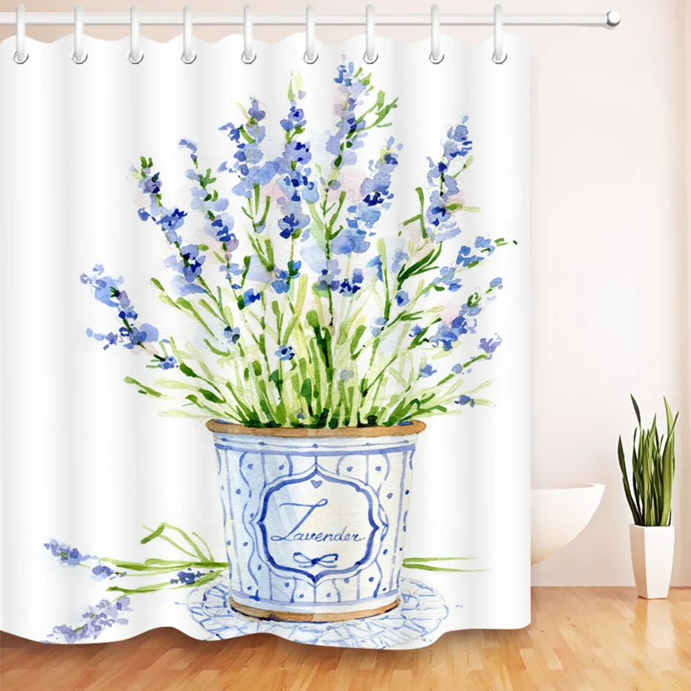 

Watercolor White Shower Curtains Lavender Floral Waterproof Washable Polyester Bathroom Curtain Fabric for Bathtub Home Decor