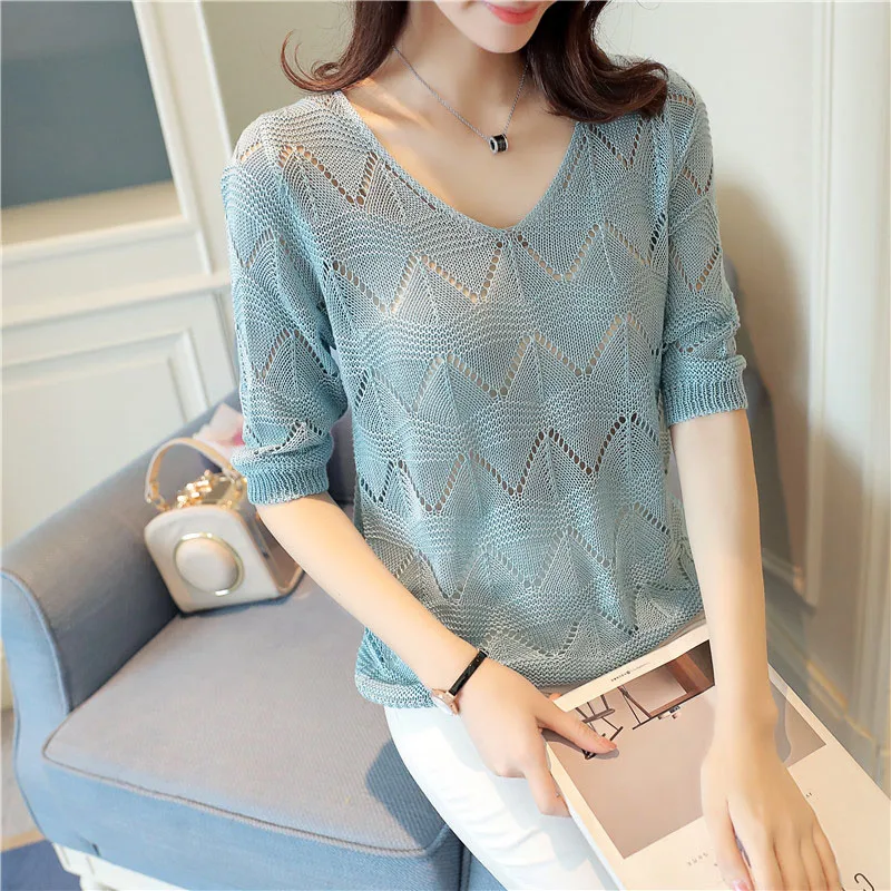 2019 Fashion Knitte Hollow Out Pullover Girls Summer Cool Ladies Pull Sweater Female Half Sleeve Jumper V-Neck Pullovers Tops | Женская