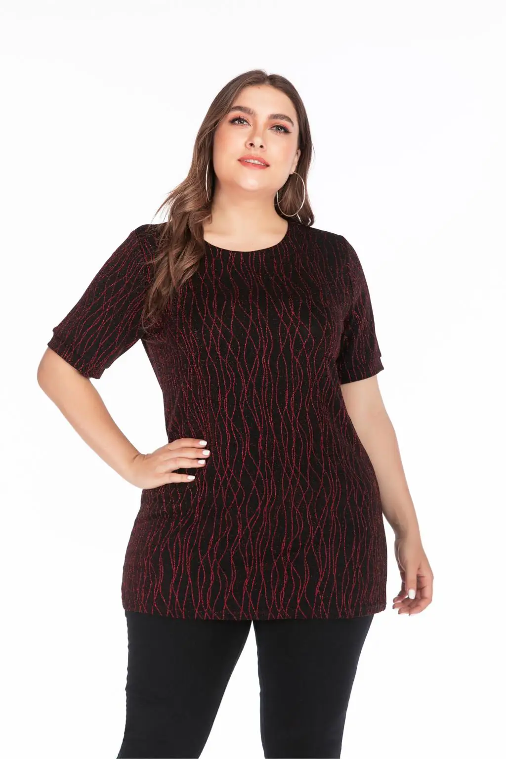 5XL размера плюс, женская блузка, рубашка, летняя, с круглым вырезом, с коротким рукавом, с блестками, элегантная, стрейчевая, свободная, более размера d, Женская туника, топы