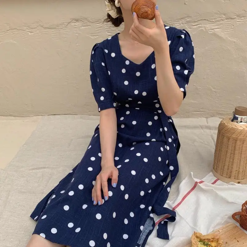2019 New Style Chic Vintage Slim Square Neck Lantern Sleeve Long Polka Dot Dress Pink Yellow Blue 80s French | Женская одежда