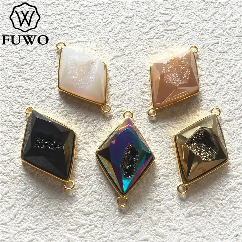 Connectors FUWO Мода аура Радуга ромб кварц кулон граненная Друза разъем с золотой ободок отделан для изготовления ювелирных изделий PD246 - Окраска металла: Connectors