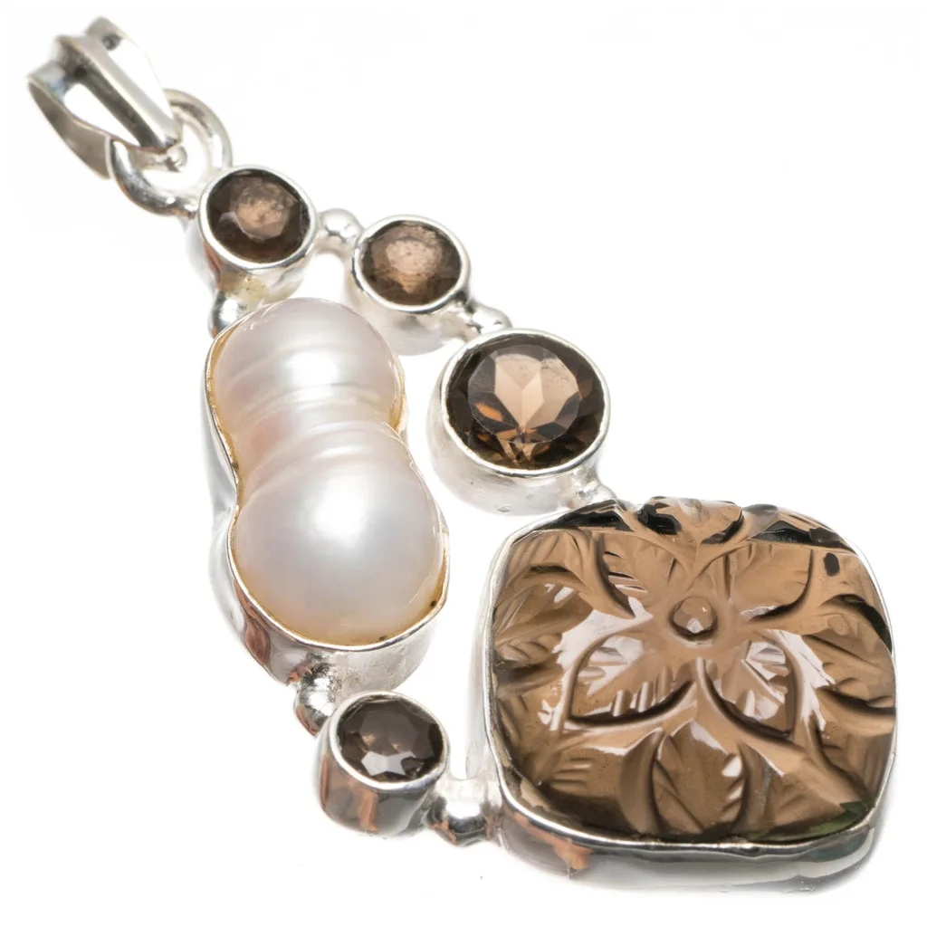 StarGems(tm) Natural Carved Flower Smoky Quartz and Biwa Pearl Vintage 925 Sterling Silver Pendant 2&quot | Украшения и