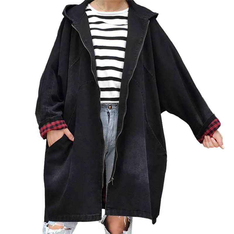 

Large size Bat type Denim Trench Coat Women Hooded Outerwear Thicken Loose Bat sleeve Windbreaker Female BF Jeans Trench G328