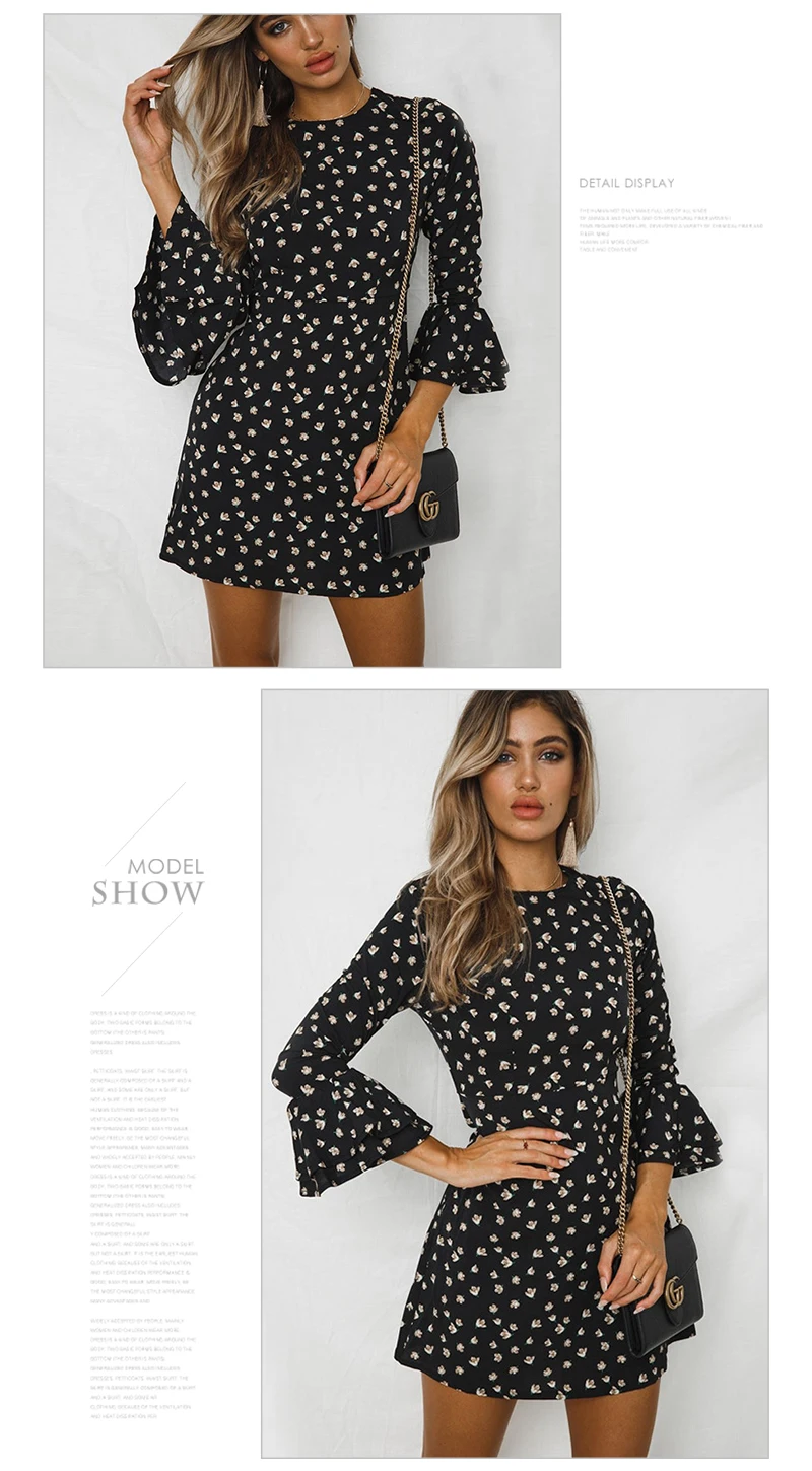 Vintage Polka Dot Dress Women Autumn Long Flare Sleeve Ruffles Vestidos Casual O-neck Black Bodycon Party Boho Dresses Mini