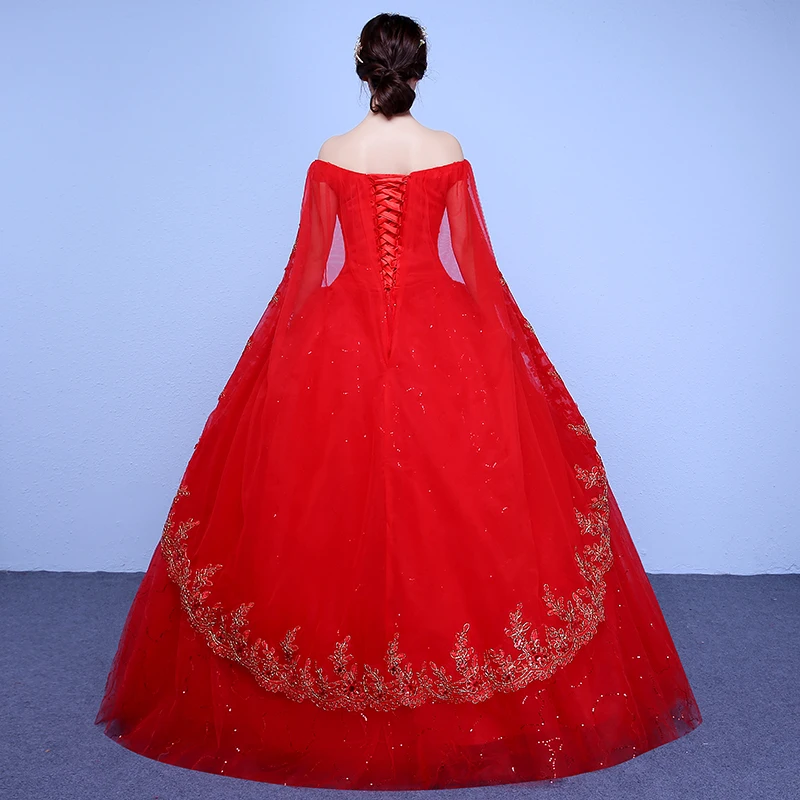 Red White Train VintageWedding Dress 2020 Vestidos De Novia Elegant Boat Neck Lace Gown Appliques Flower Veil Simple Princess | Свадьбы и
