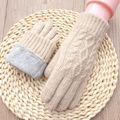 beige Модные женские зимние вязаные шерстяные бархатные Утепленные перчатки для сенсорного экрана женские перчатки для вождения - Цвет: beige