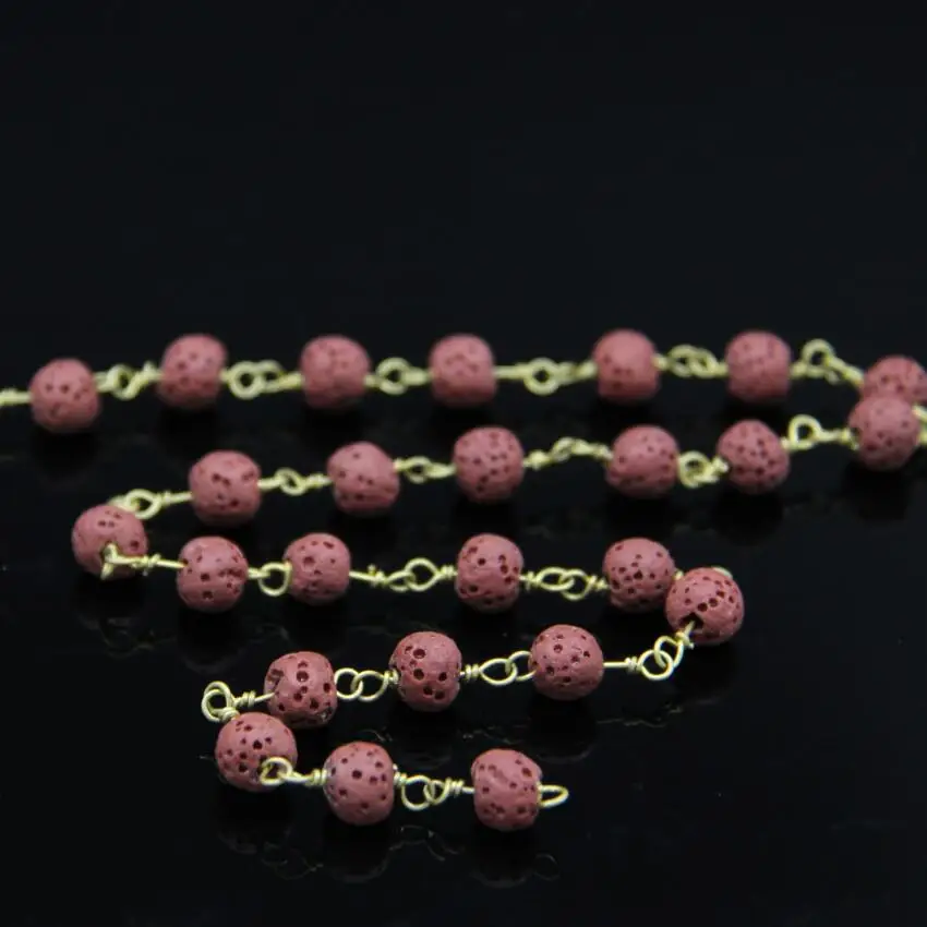 5Meters 6mm Natural Lava Bronze Copper Chain Red Volcano Rock Round bead Brass Wire Wrapped Rosary Style Charms | Украшения и