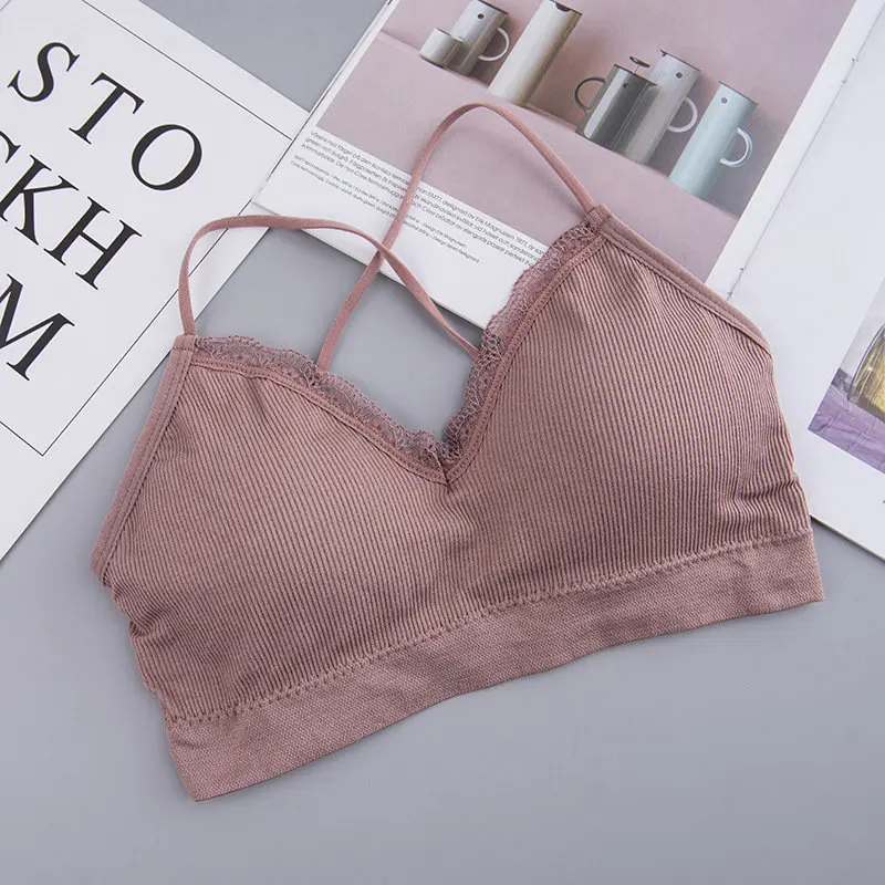 SP&ampCITY Lace Patchwork Women Bra Summer Wire Free Seamless Tube Top Shoulder Strap Cross Bralette Thin Solid Chest Underwaer | Женская