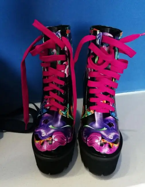 

New winter women CowHide printing boots high platform super chunky heel lace up ankle women boots woman platform high heel boots