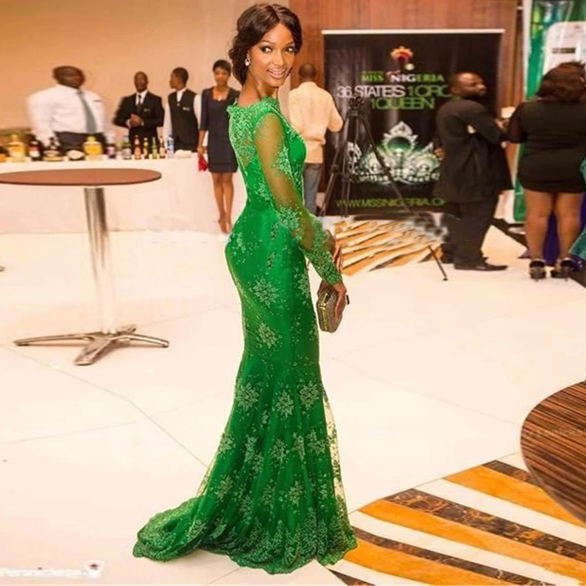 Элегантные зеленые вечерние платья с круглым вырезом и длинными рукавами