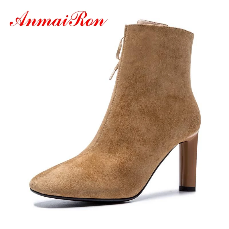 

AnmaiRon Pointed Toe Basic Lace-Up Boots Women Shoes Thin Heels Zapatos De Mujer Women Boots 2018 Size 34-40 ZYL1592